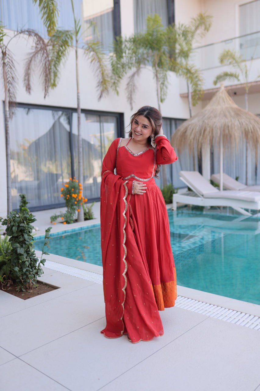 Red Chanderi Mirror Lace Kurti Pant Set