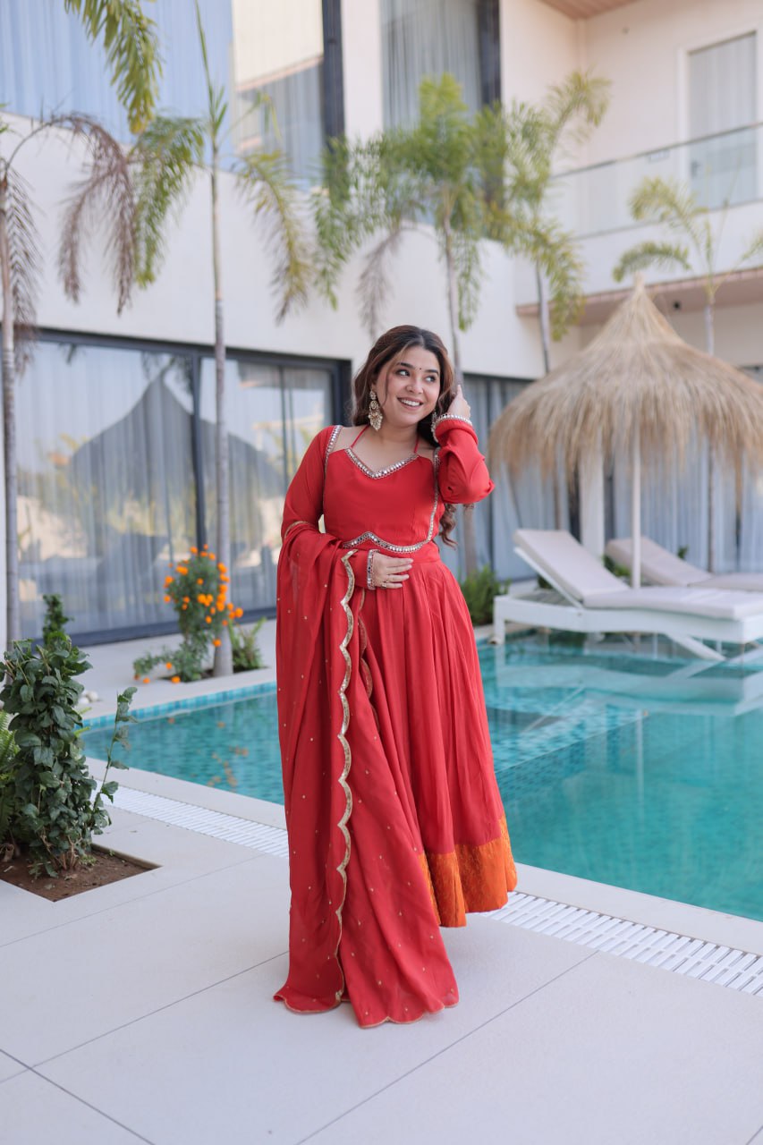 Red Chanderi Mirror Lace Kurti Pant Set