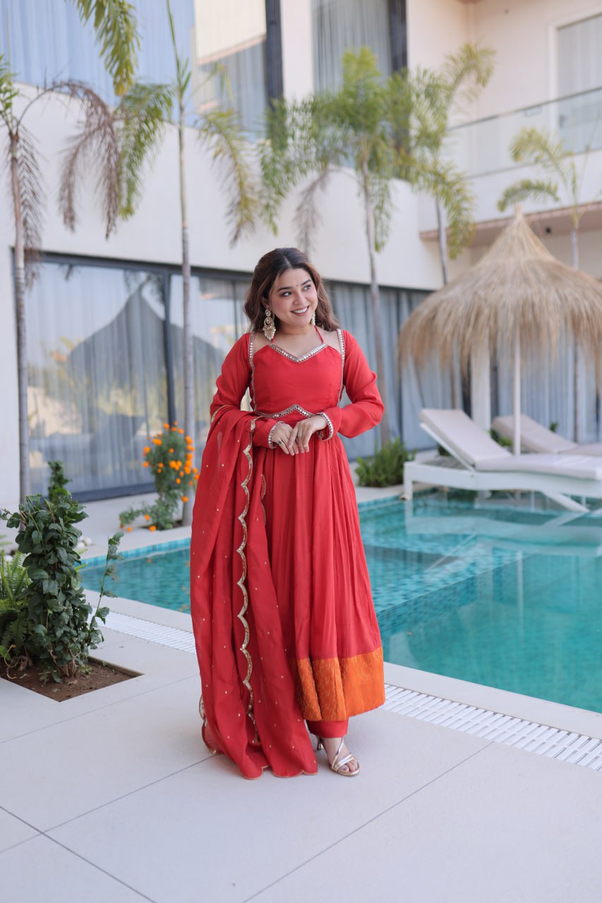 Red Chanderi Mirror Lace Kurti Pant Set