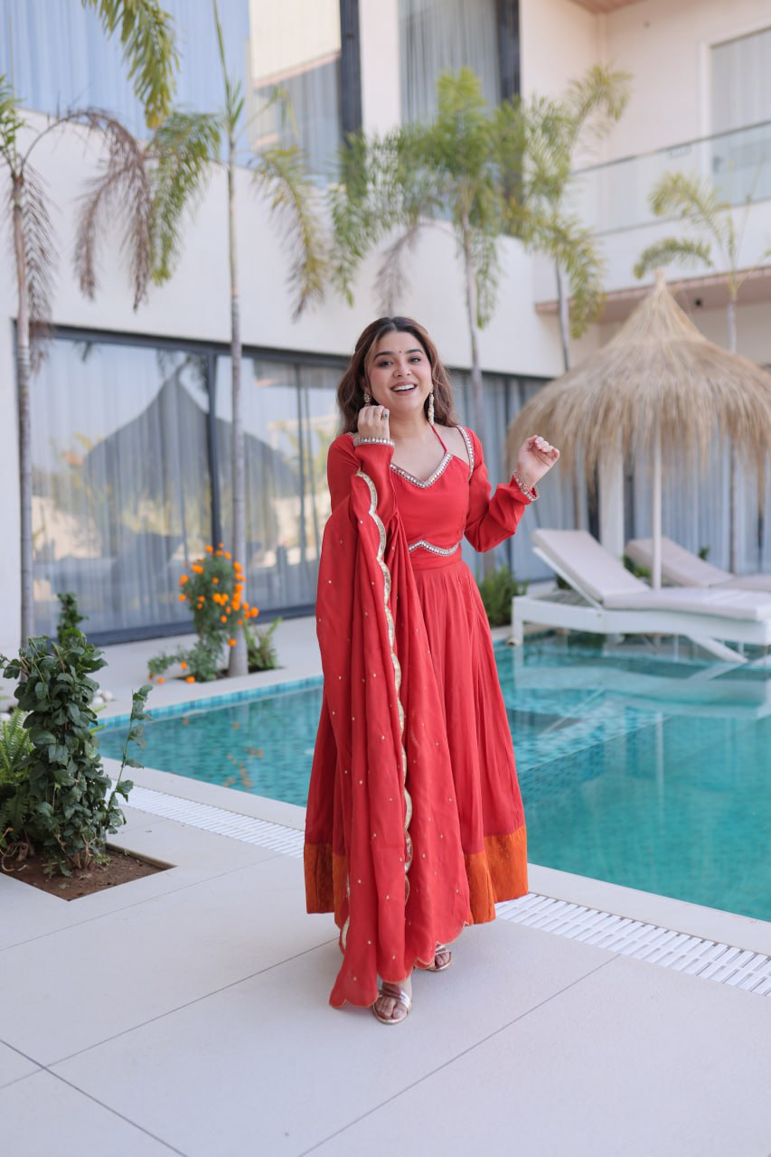 Red Chanderi Mirror Lace Kurti Pant Set