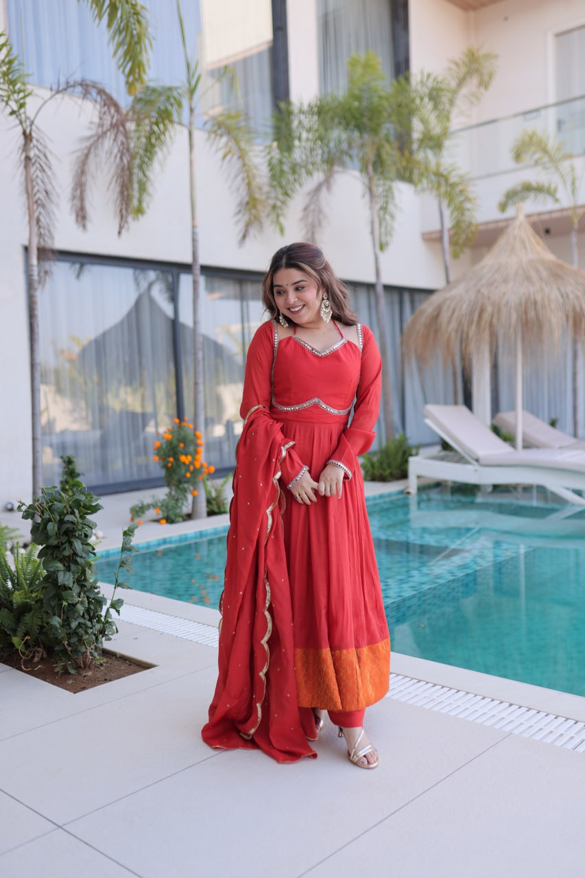 Red Chanderi Mirror Lace Kurti Pant Set