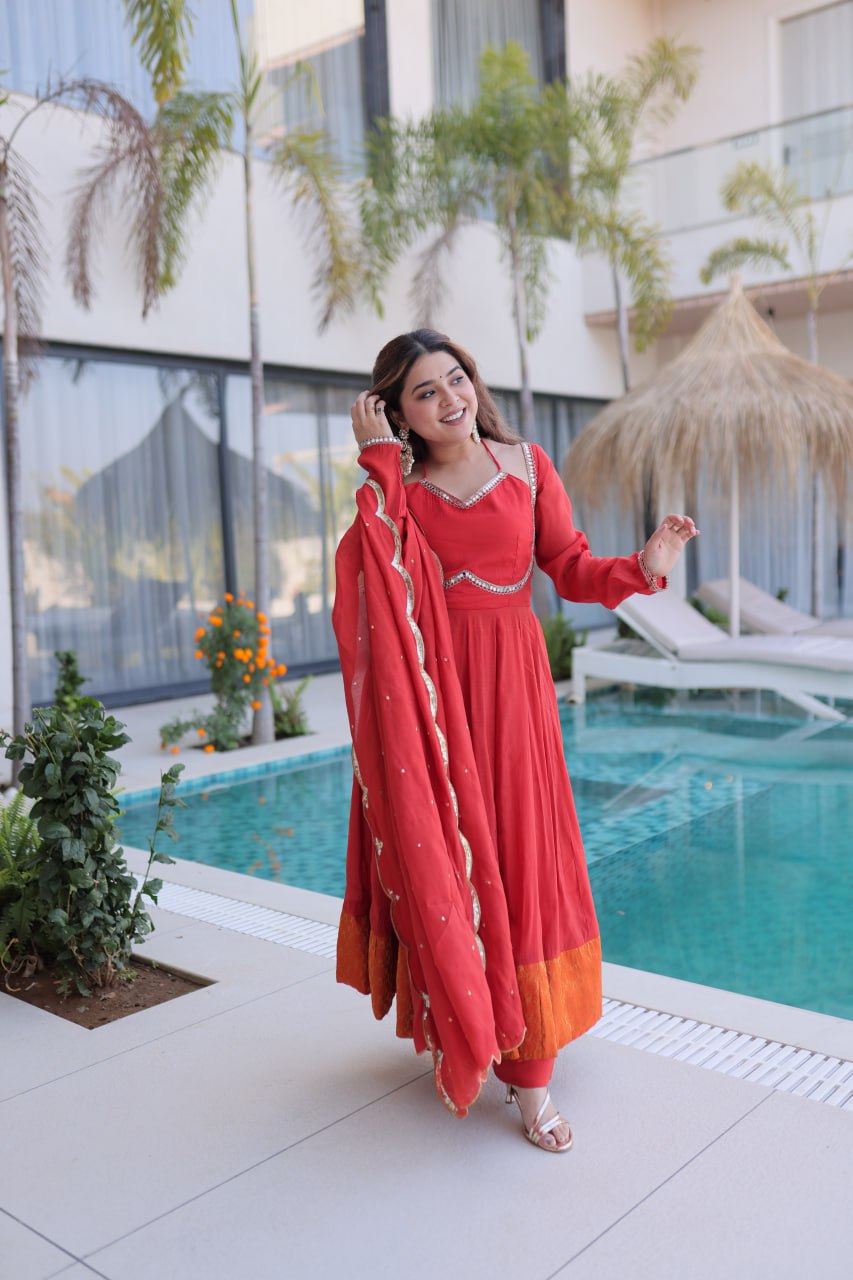 Red Chanderi Mirror Lace Kurti Pant Set