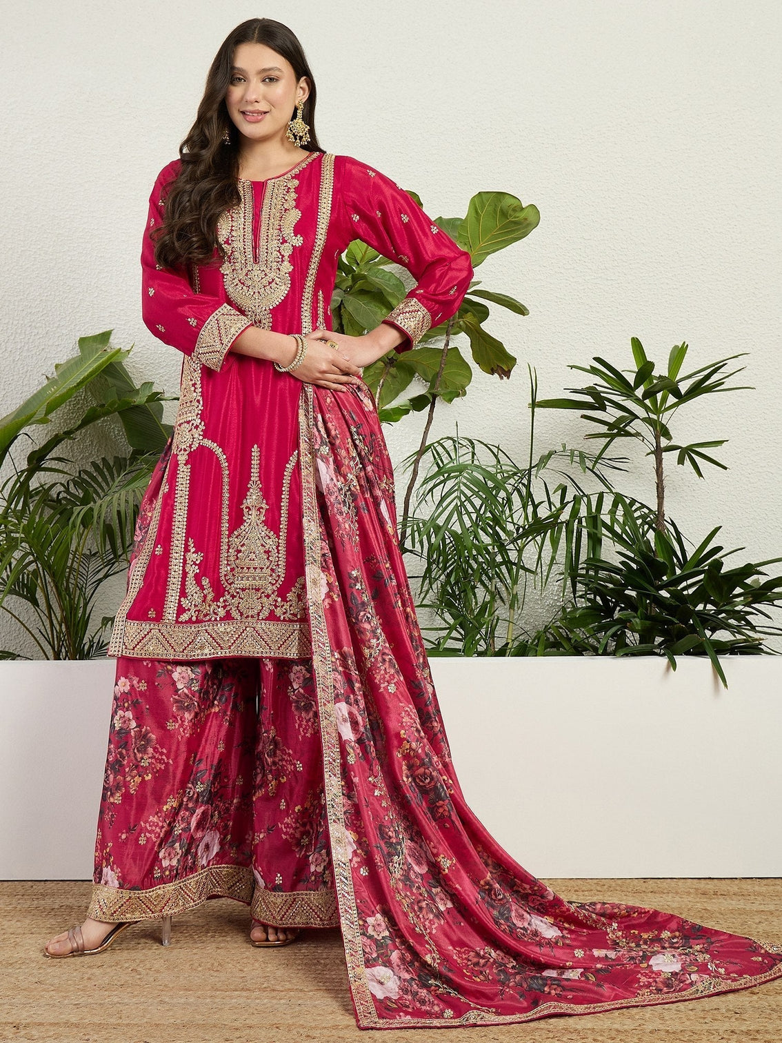 Red Chinon Embroidered Palazzo Set