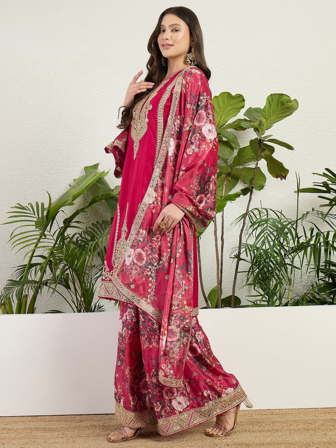 Red Chinon Embroidered Palazzo Set