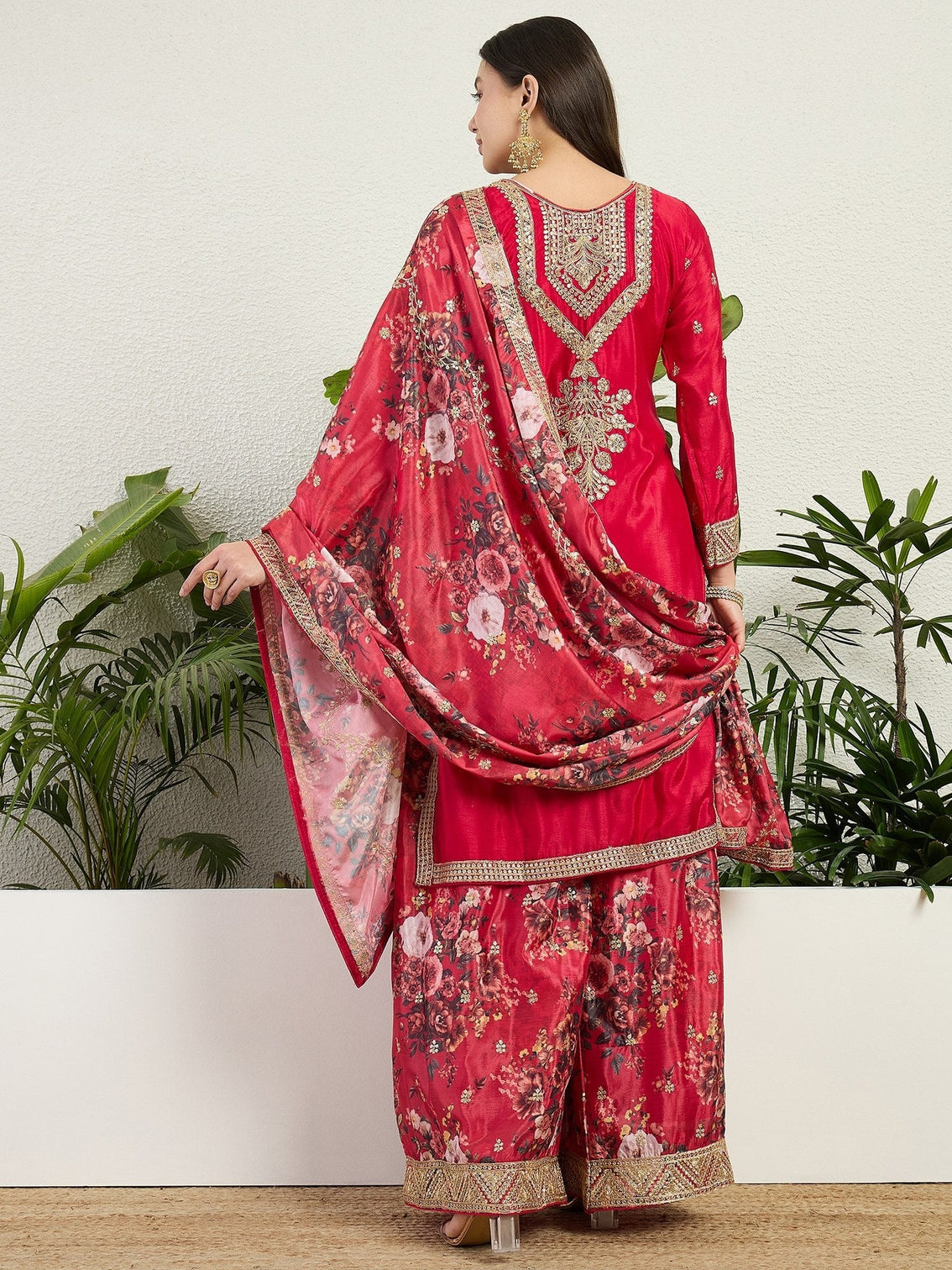Red Chinon Embroidered Palazzo Set