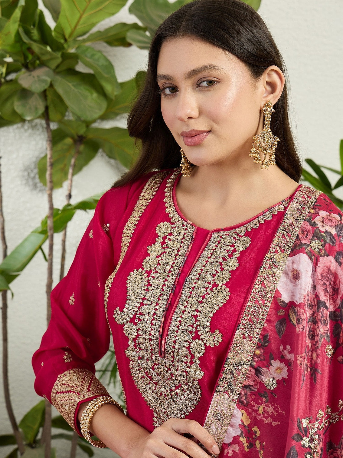 Red Chinon Embroidered Palazzo Set