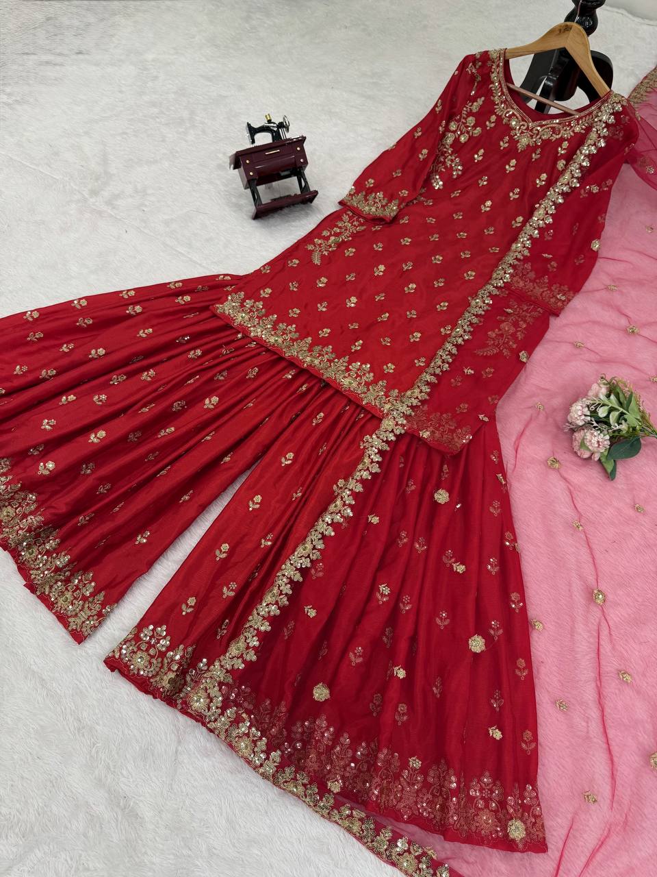 Red Chinon Silk Embroidered Sharara Set with Net Dupatta & Lace Border