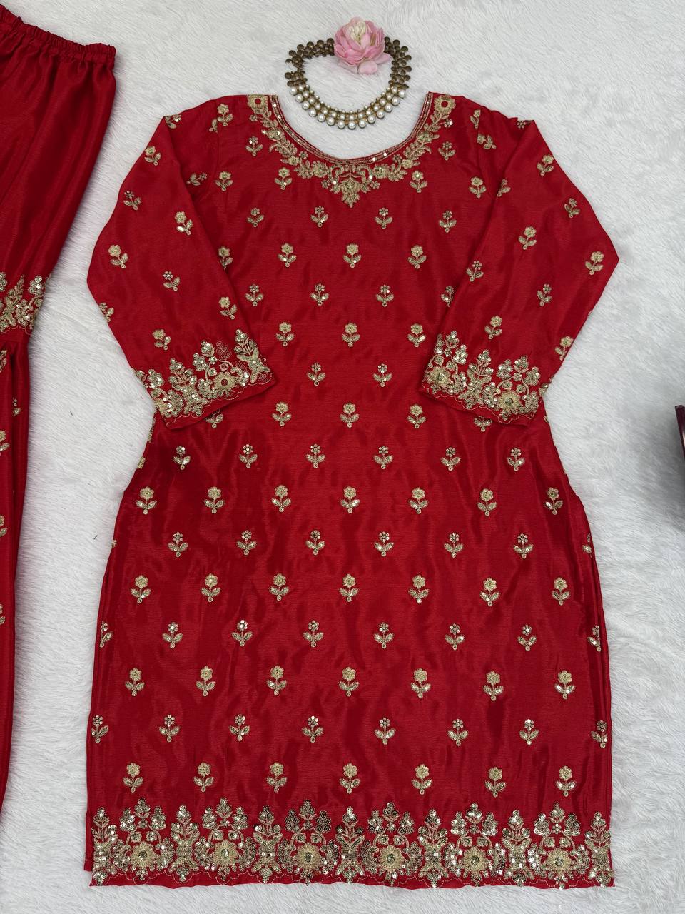 Red Chinon Silk Embroidered Sharara Set with Net Dupatta & Lace Border