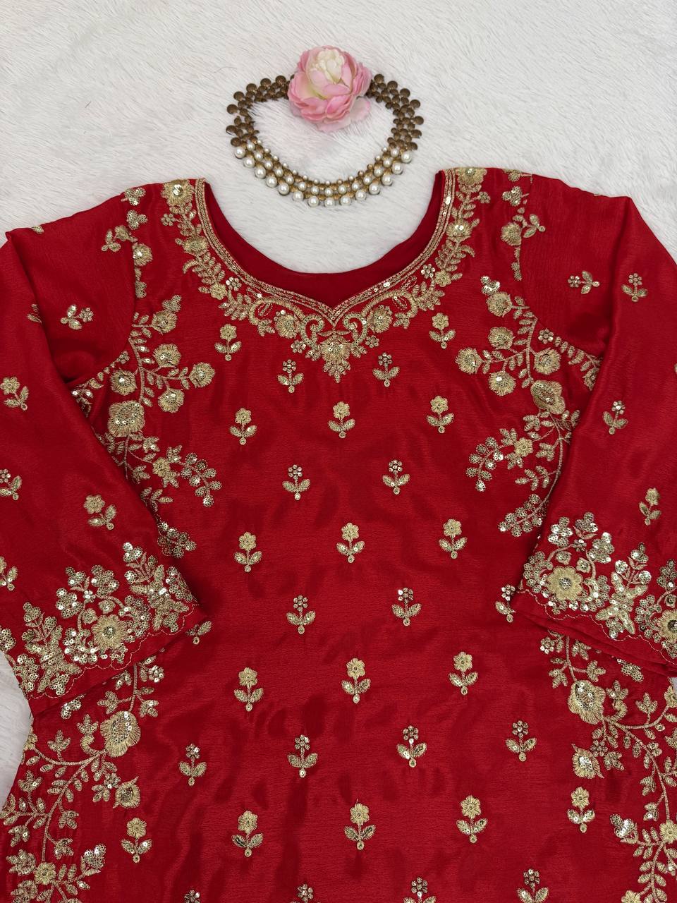 Red Chinon Silk Embroidered Sharara Set with Net Dupatta & Lace Border