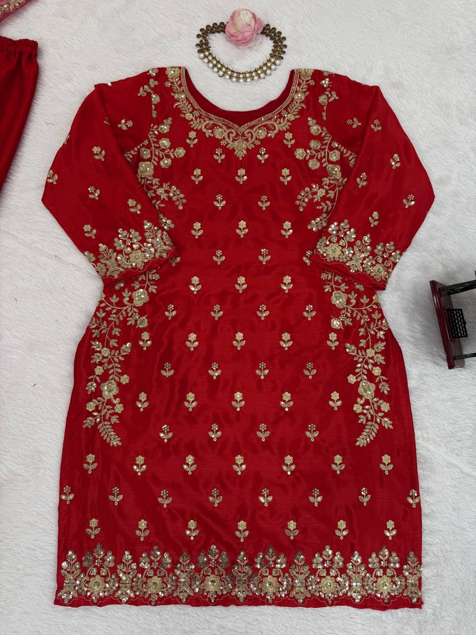 Red Chinon Silk Embroidered Sharara Set with Net Dupatta & Lace Border