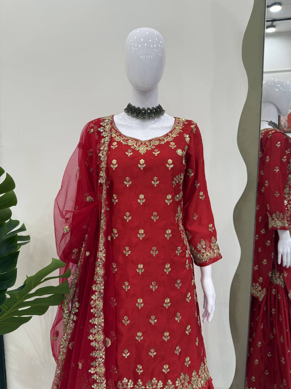 Red Chinon Silk Embroidered Sharara Set with Net Dupatta & Lace Border
