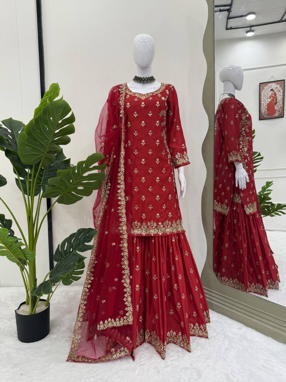 Red Chinon Silk Embroidered Sharara Set with Net Dupatta & Lace Border