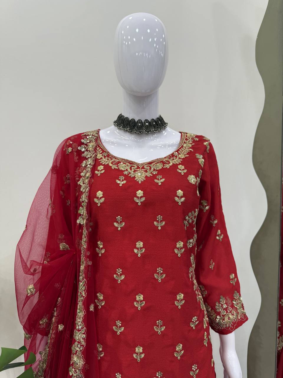Red Chinon Silk Embroidered Sharara Set with Net Dupatta & Lace Border