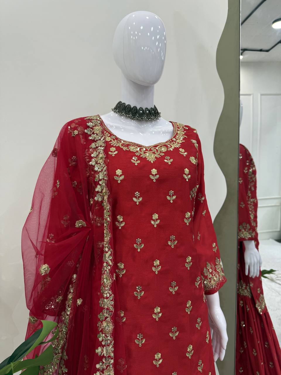 Red Chinon Silk Embroidered Sharara Set with Net Dupatta & Lace Border