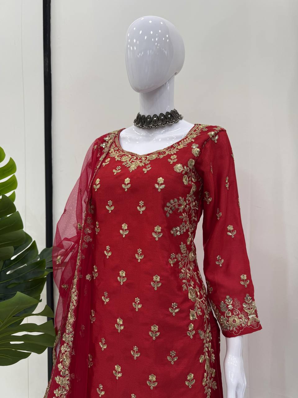 Red Chinon Silk Embroidered Sharara Set with Net Dupatta & Lace Border