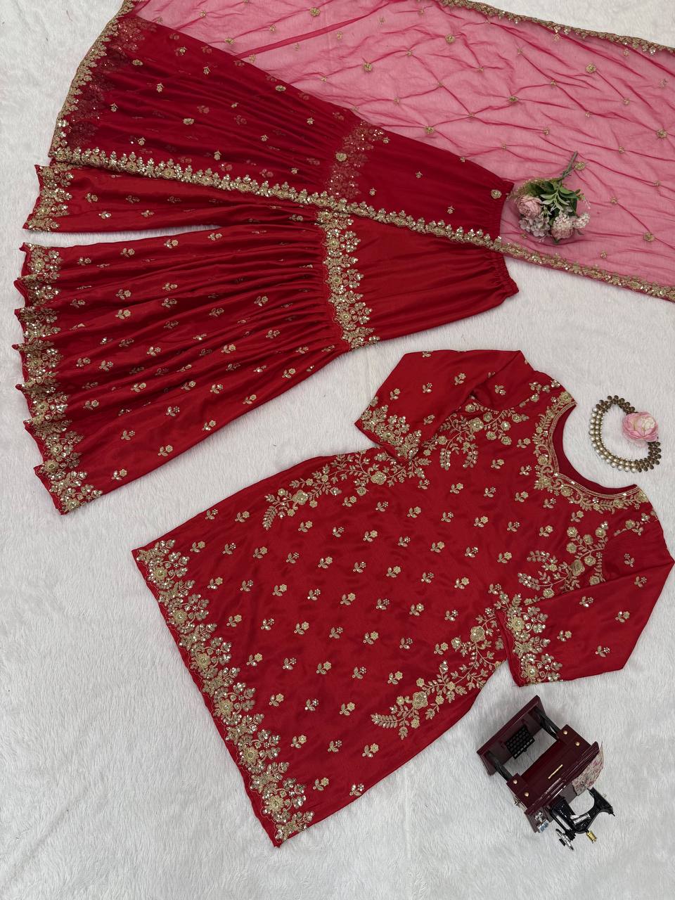 Red Chinon Silk Embroidered Sharara Set with Net Dupatta & Lace Border