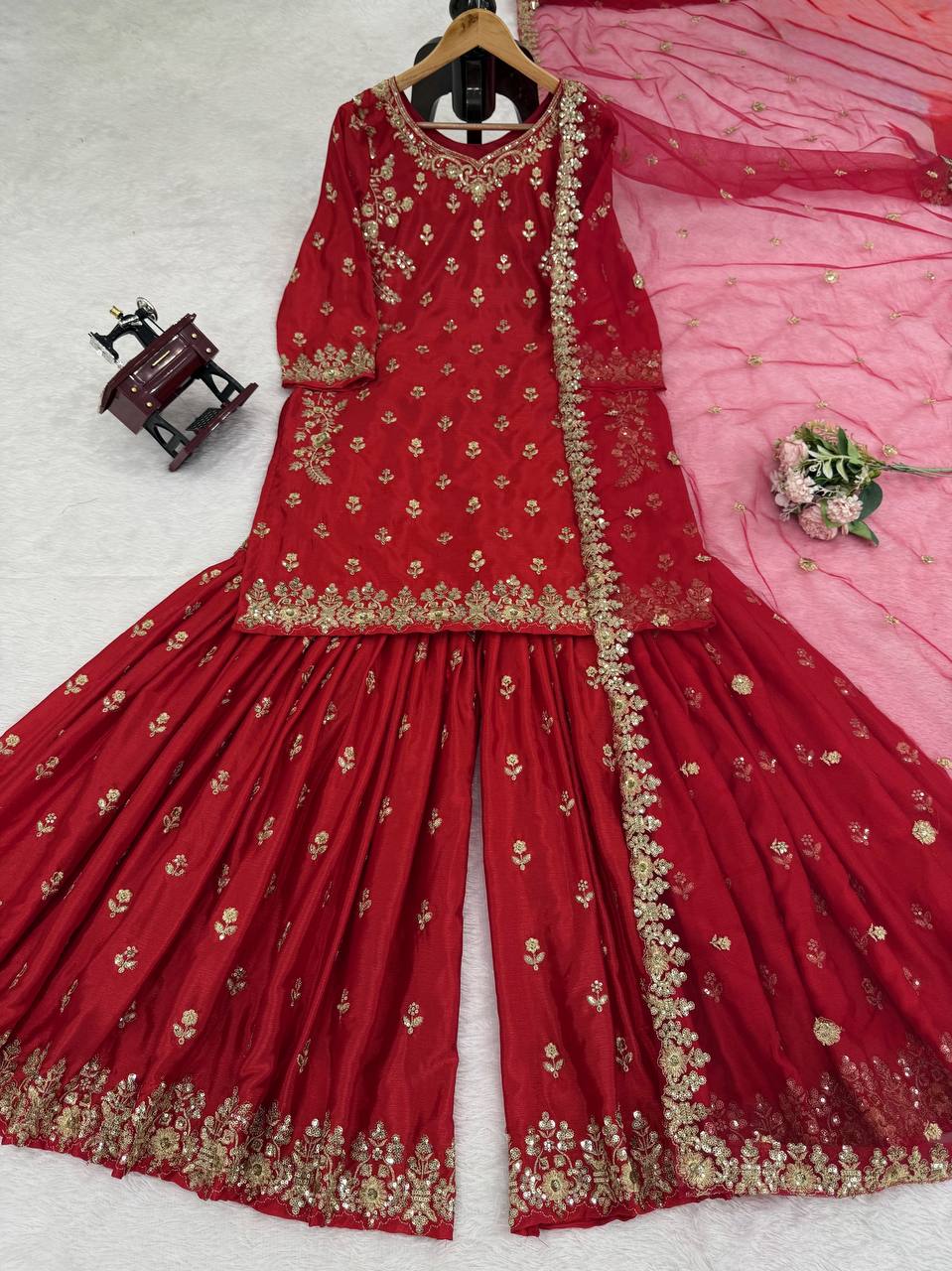 Red Chinon Silk Embroidered Sharara Set with Net Dupatta & Lace Border