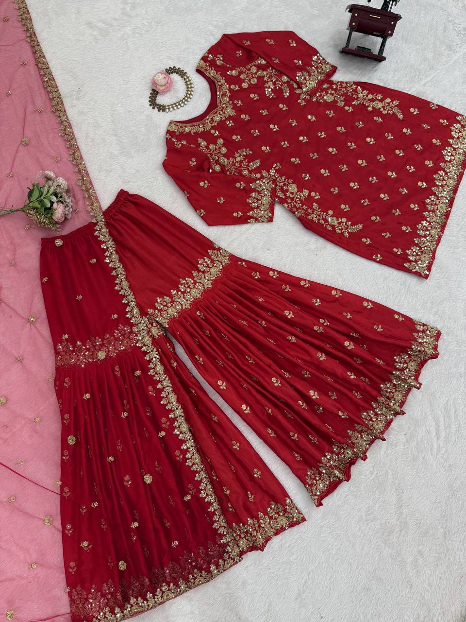 Red Chinon Silk Embroidered Sharara Set with Net Dupatta & Lace Border