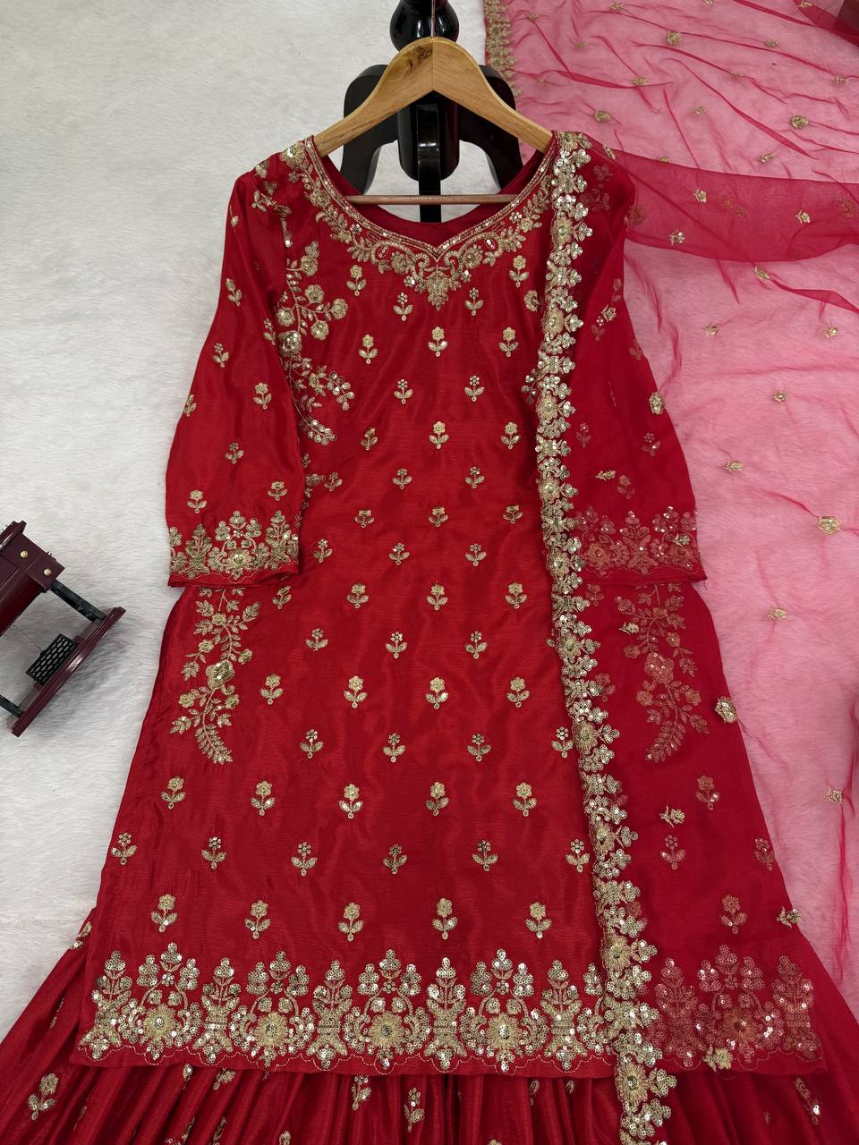Red Chinon Silk Embroidered Sharara Set with Net Dupatta & Lace Border