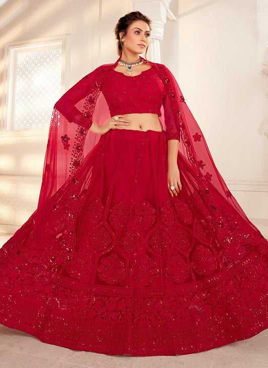 Red Color Admirable Net With Silk Satin Work Wedding Wear Lehenga Choli