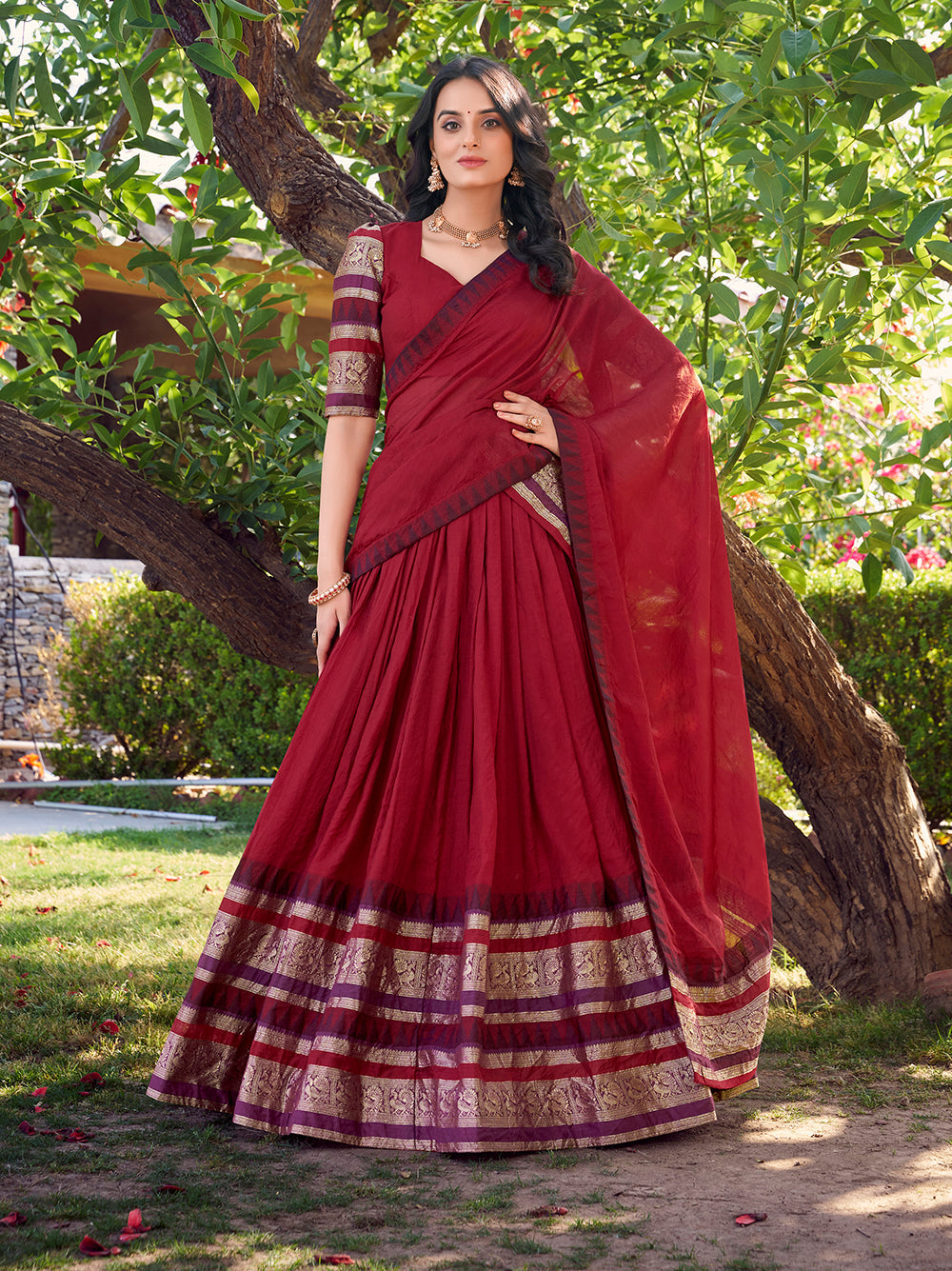 Bridal red chanderi lehenga choli with zari woven border matching dupatta