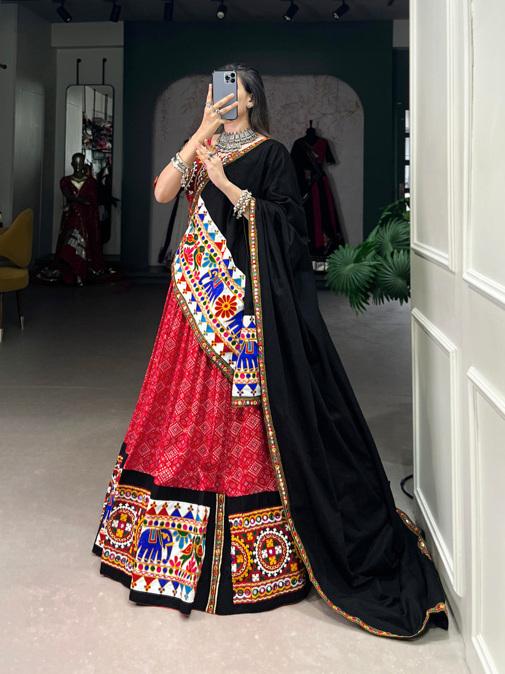 Red color printed and gamthi work with mirror work cotton chaniya choli