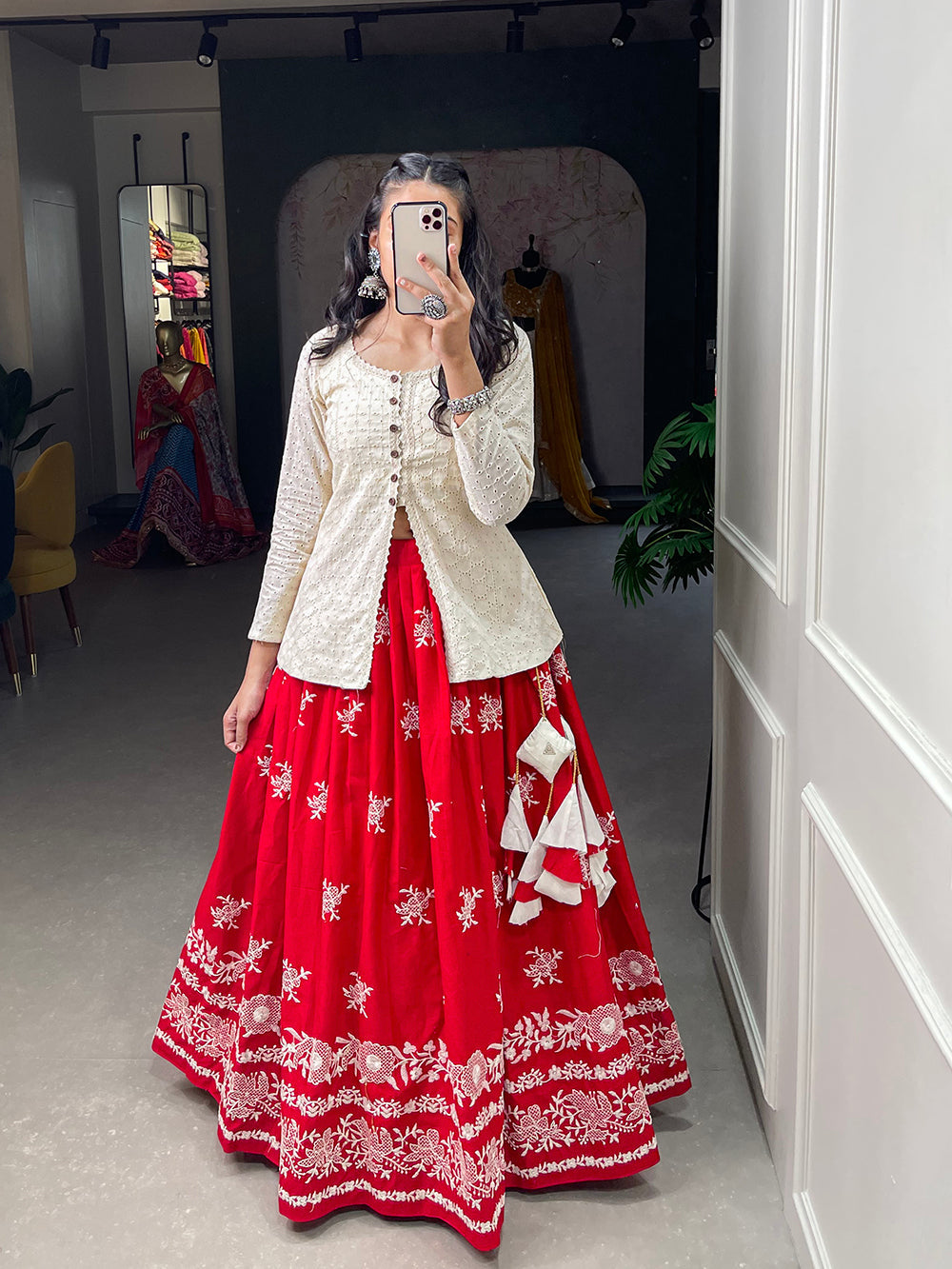 Red Color Sequins And Lucknowi Work Cotton Co-Ord Set Lehenga Choli