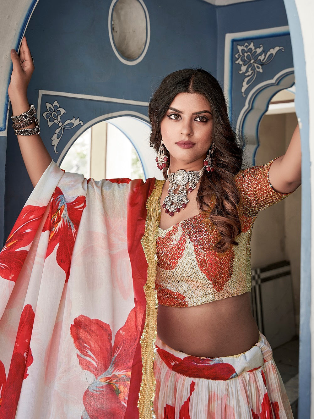 Red Color Digital Print With Sequins Embroidery Work Crushed Chinon Lehenga Choli