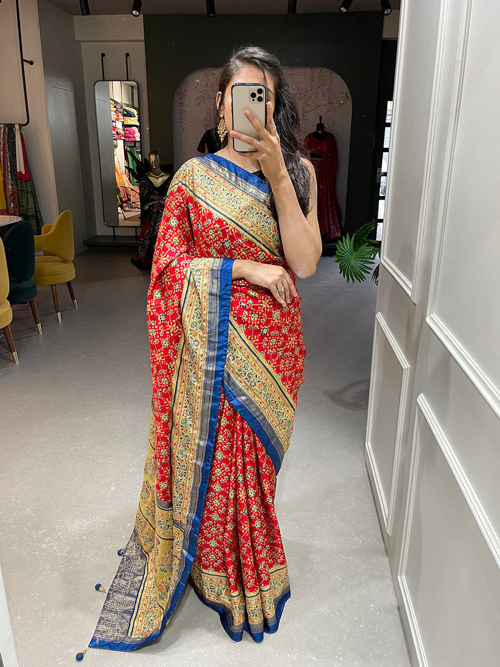 Red Color Foil Printed And Stone Work Dola Silk Saree
