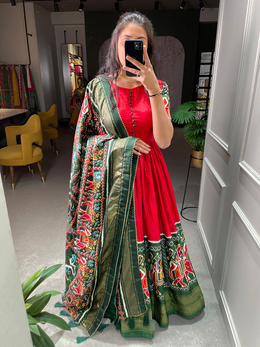 Red Color Patola And Foil Printed Dola Silk Gown
