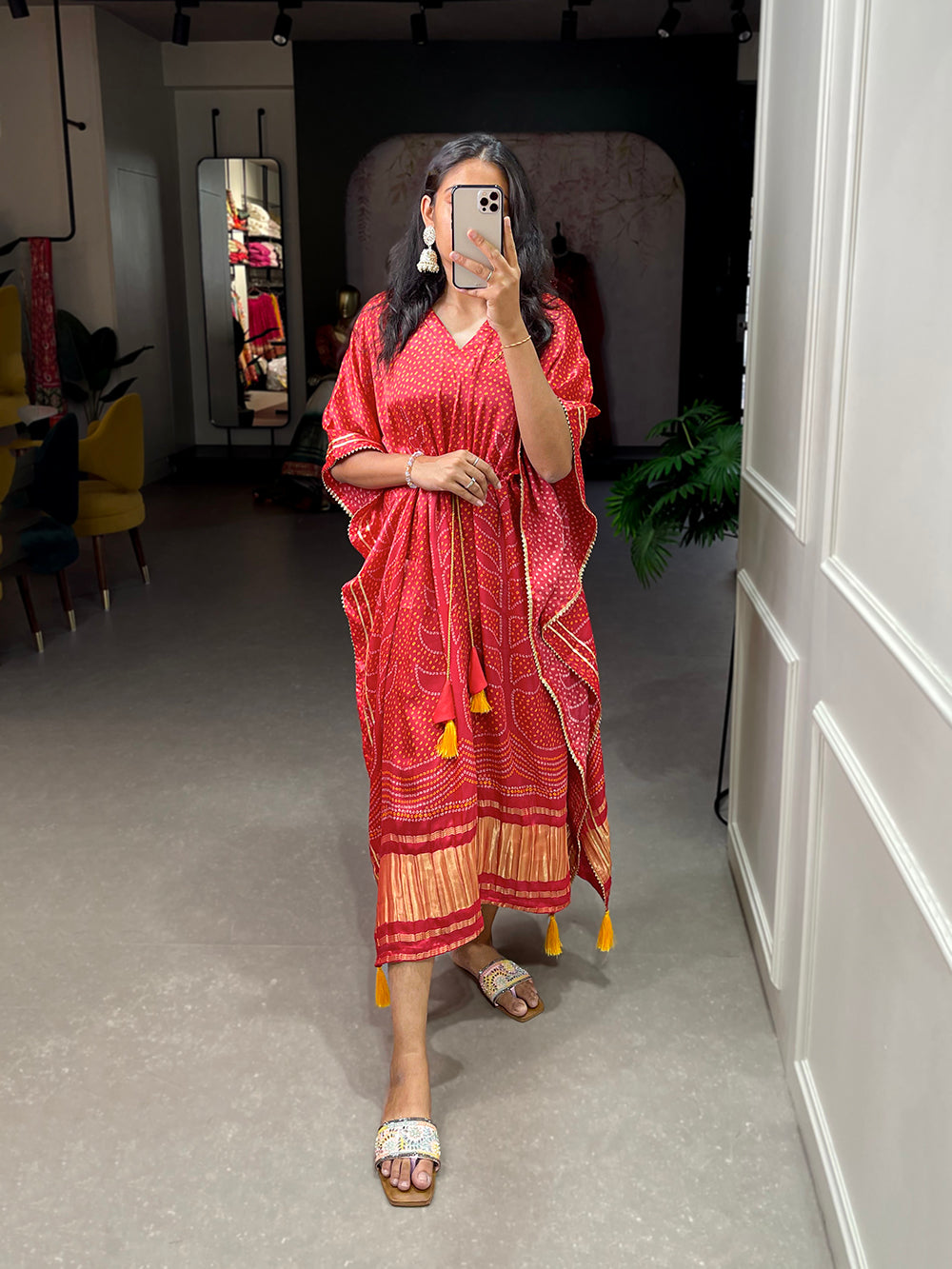 Red color digital bandhej printed gaji silk kaftan
