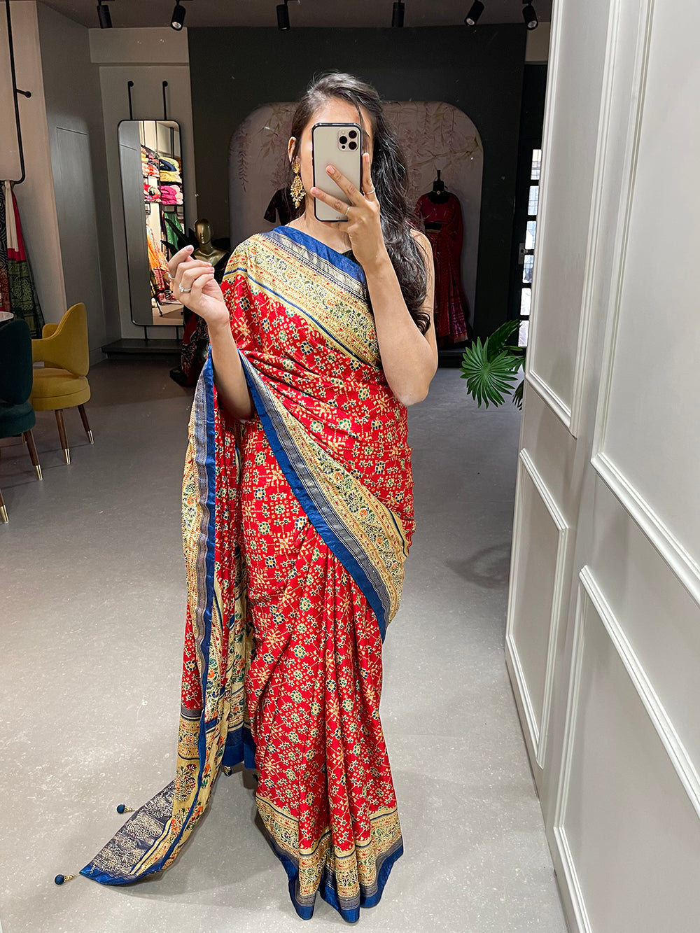 Red Color Foil Printed And Stone Work Dola Silk Saree