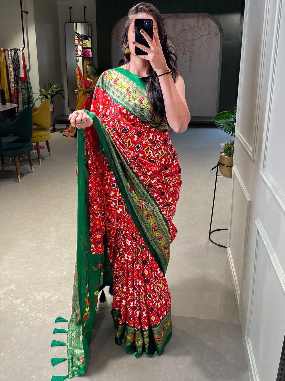 Red Color Patola Paithani Printed with Foil Work Dola Silk Saree