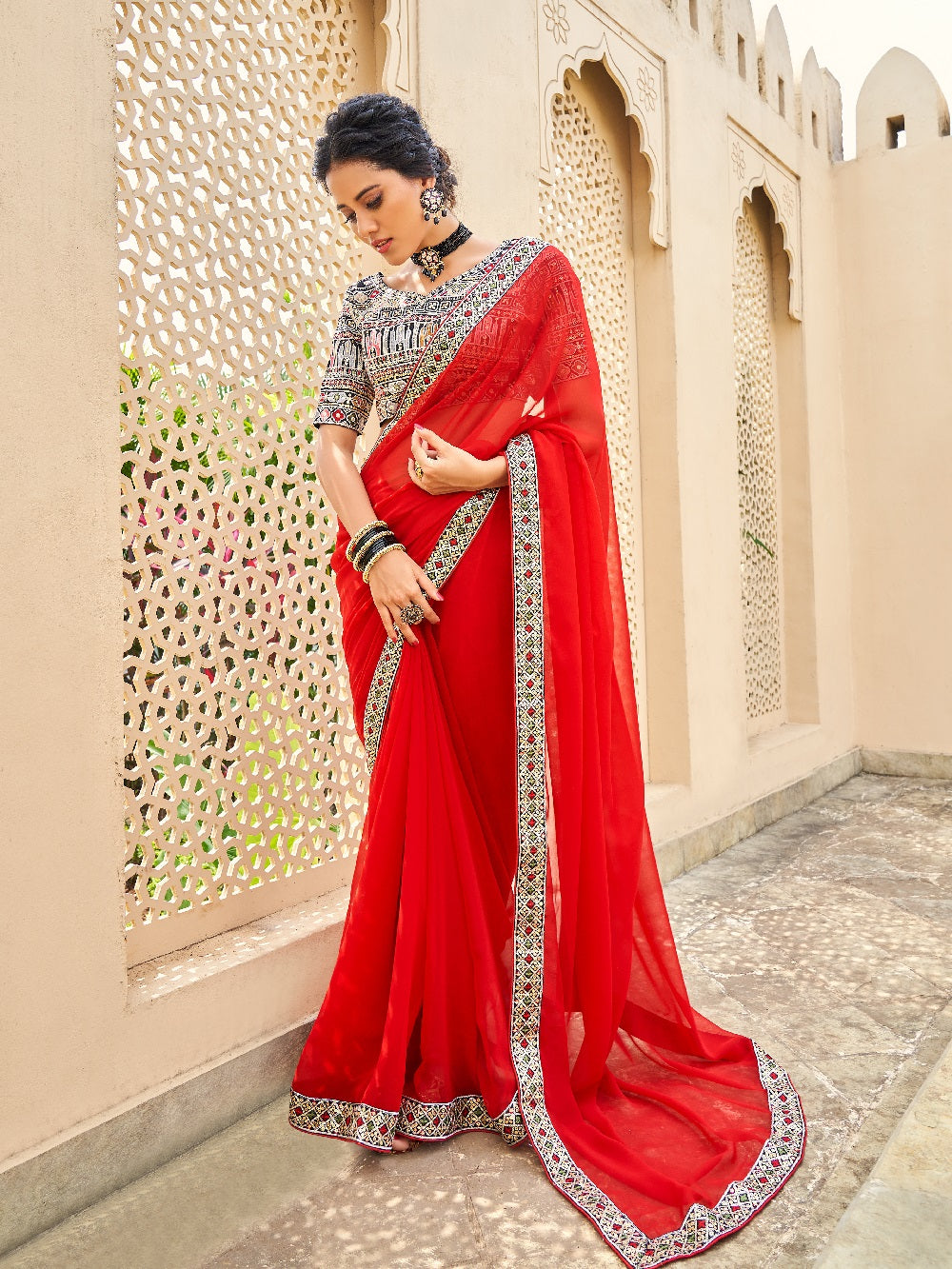 Red Color Thread And Sequins Embroidery Border Georgette Saree