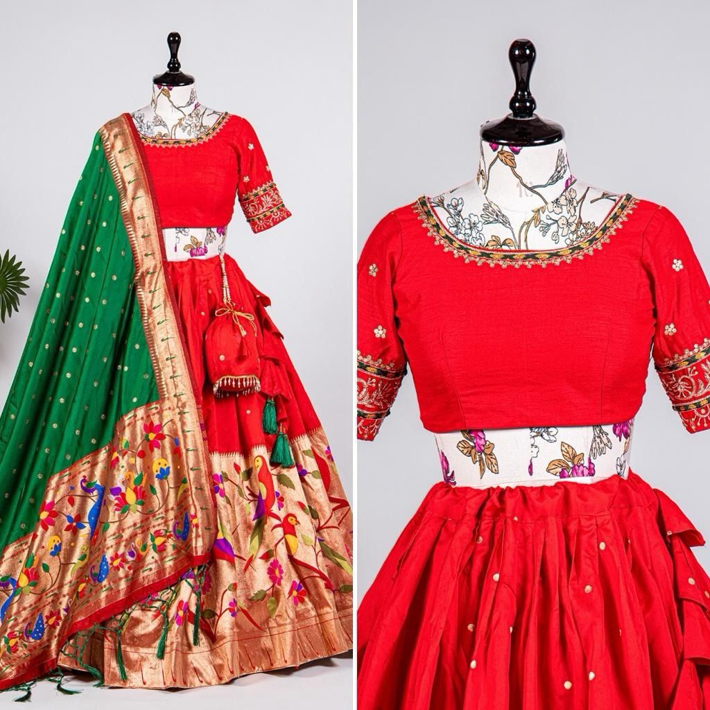 Red Color Exquisite Handwoven Paithani Lehenga Choli: Be the South Indian Bride of Your Dreams