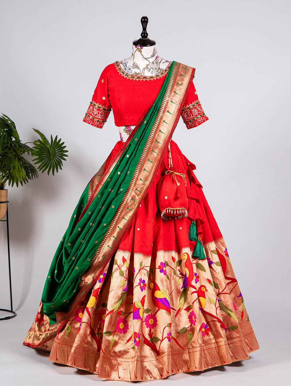 Red Color Exquisite Handwoven Paithani Lehenga Choli: Be the South Indian Bride of Your Dreams