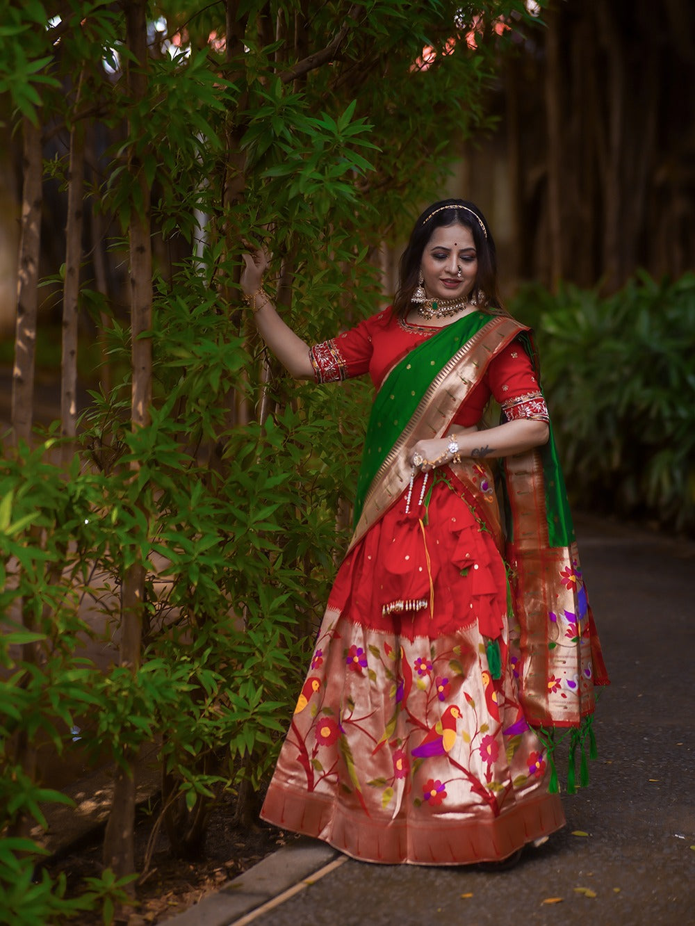 Red Color Exquisite Handwoven Paithani Lehenga Choli: Be the South Indian Bride of Your Dreams