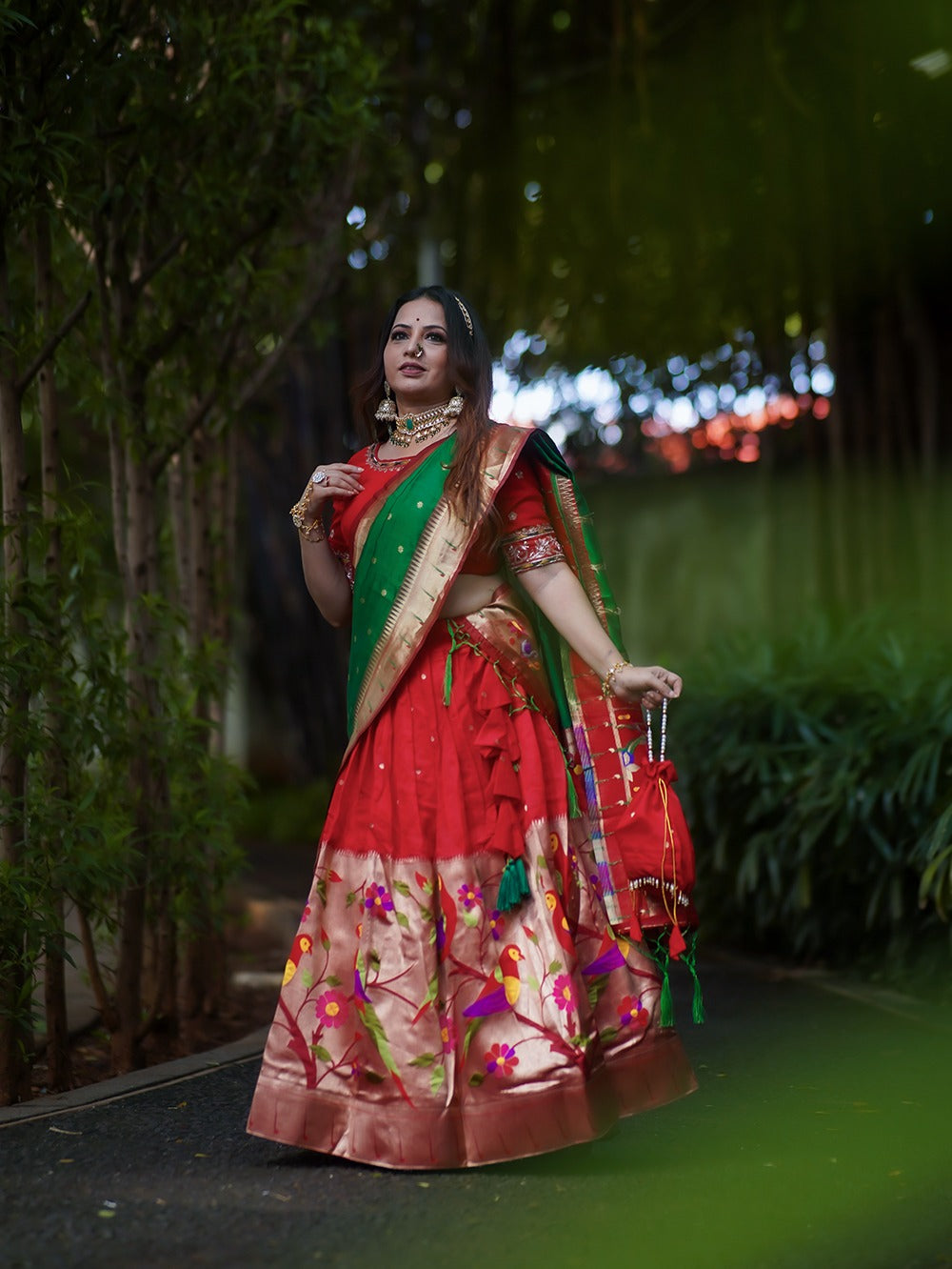 Red Color Exquisite Handwoven Paithani Lehenga Choli: Be the South Indian Bride of Your Dreams