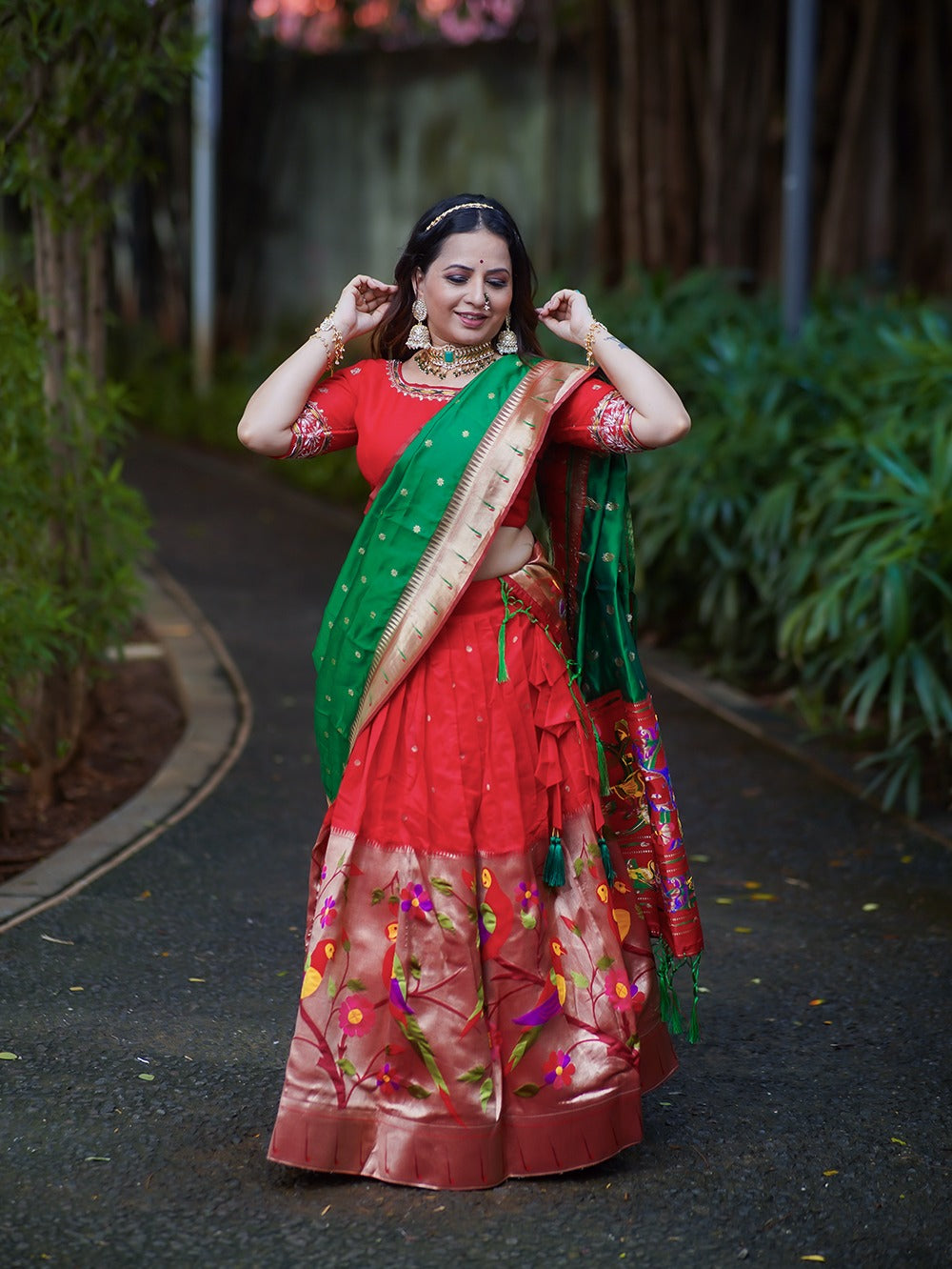 Red Color Exquisite Handwoven Paithani Lehenga Choli: Be the South Indian Bride of Your Dreams