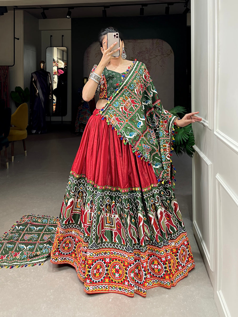 Red Color Patola Print With Gamthi Work And Mirror Work Dola Silk Lehenga  Choli