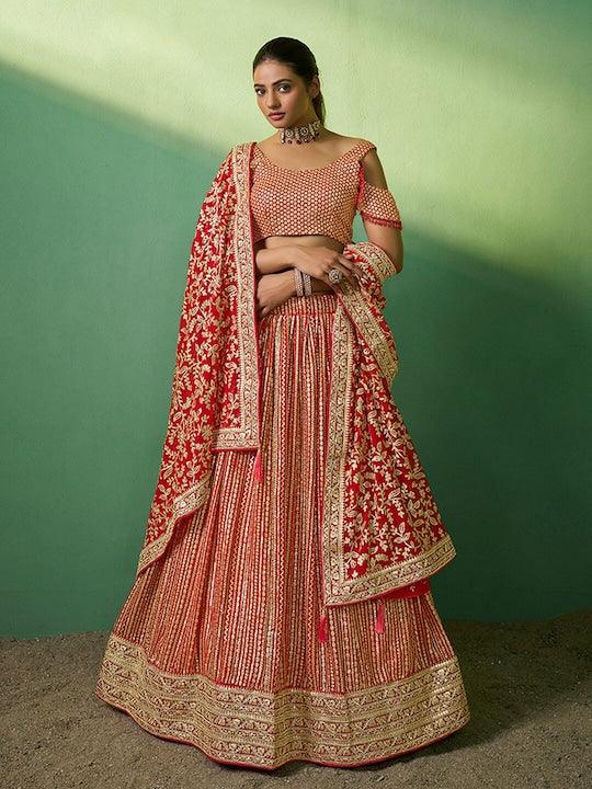 Red color Georgette A-line lehenga choli with dupatta