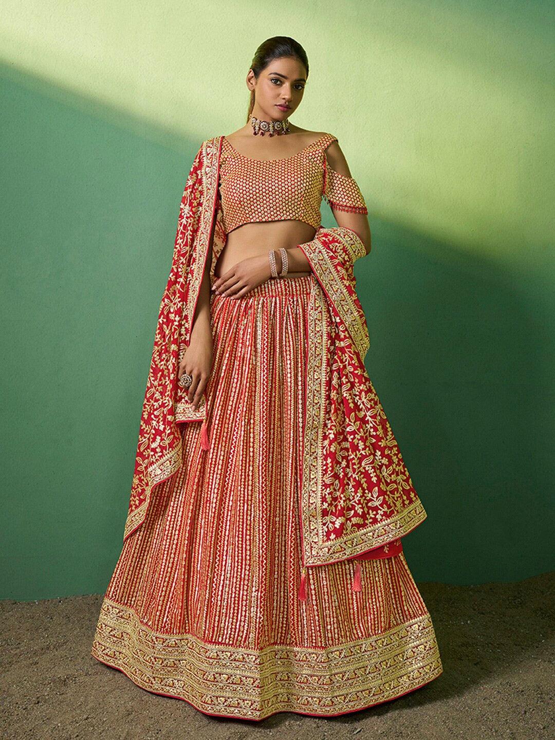 Red color Georgette A-line lehenga choli with dupatta