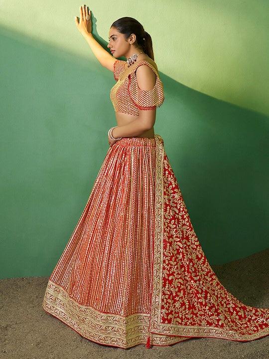 Red color Georgette A-line lehenga choli with dupatta