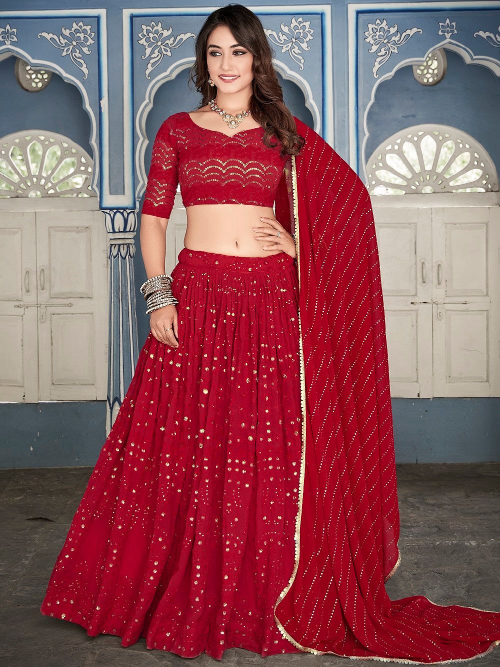 Red Color Lucknowi Thread & Sequins Embroidery Work Georgette Lehenga Choli