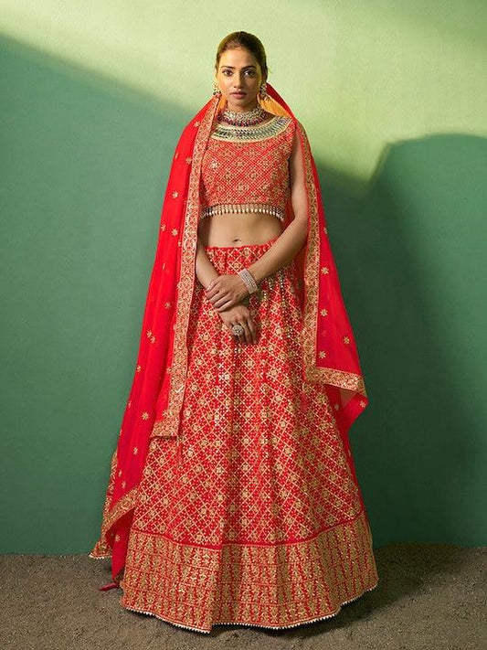 Red color Georgette Sequined A-Line Lehenga Choli