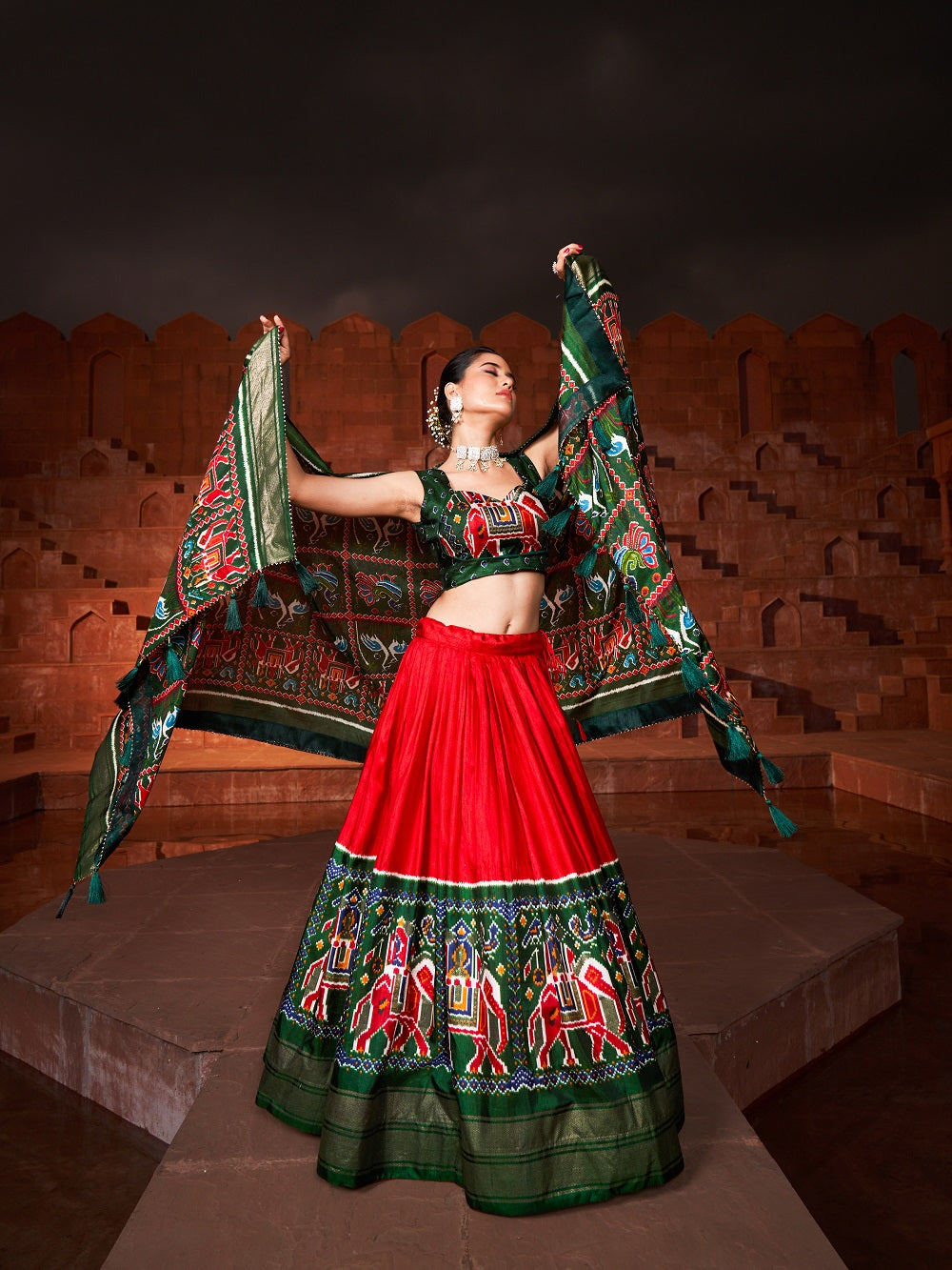 Red Color Patola Printed Silk Navratri Chaniya Choli Garba Dress
