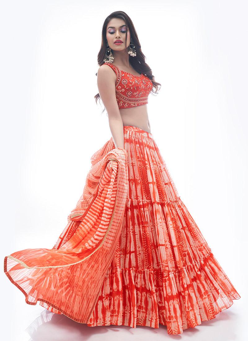 Red Color Jacquard Base Ruffle Lehenga With Hand Work Blouse