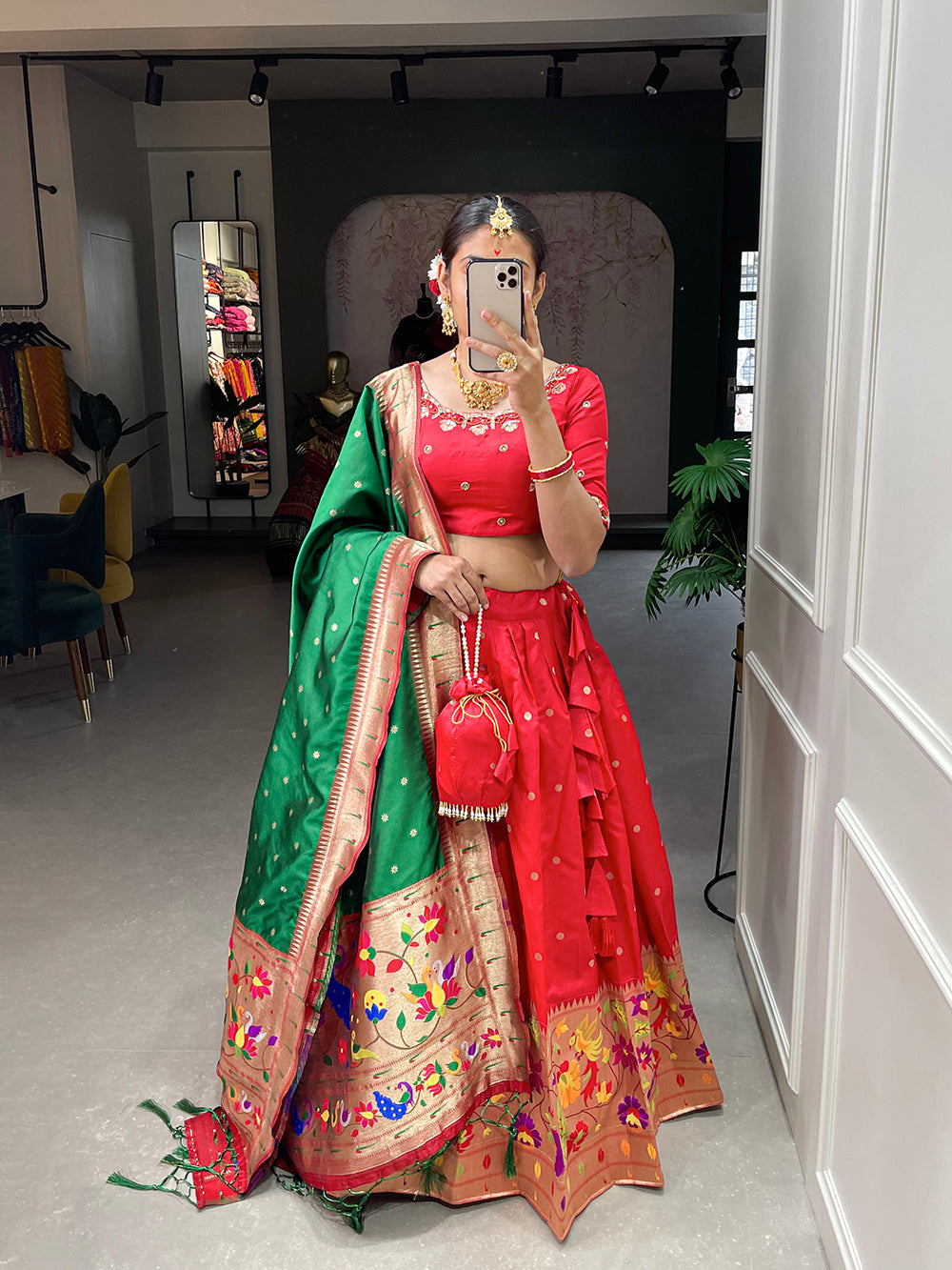 Red Color Weaving Zari Work jacquard Paithani Silk Lehenga Choli