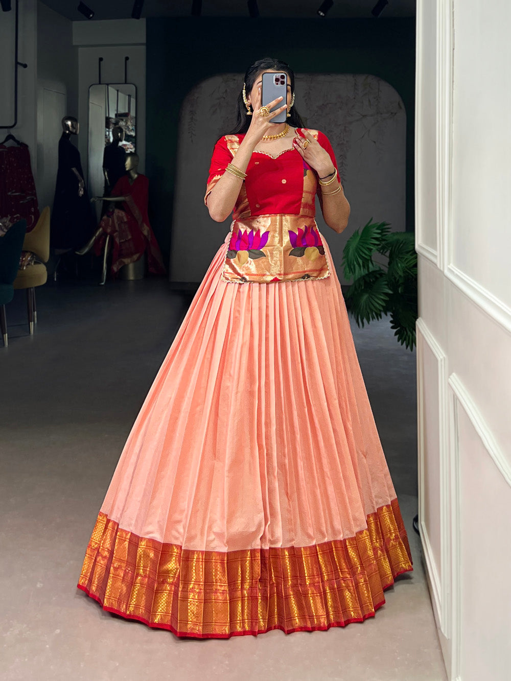 South indian style peach zari border lehenga choli with jacquard silk blouse