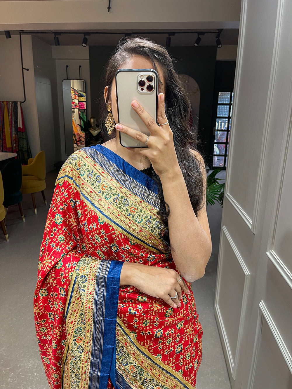 Red Color Foil Printed And Stone Work Dola Silk Saree